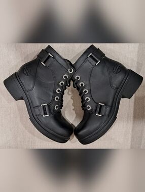Harley-Davidson Black Leather Lace-Up Ankle Boots with Buckles- Women's Size 6